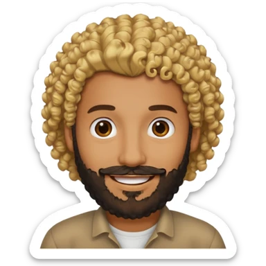 Brown man with curly blonde hair and a black beard sticker