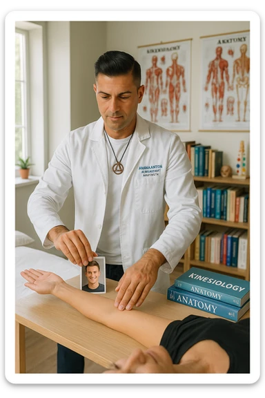 a middle-aged man, dressed in casual professional attire, is in a bright, organized therapy studio. Durante una visita di kinesiologia, il praticante tiene con una mano la foto di una persona lontana (il “testimone”) appoggiata su un tavolo, mentre con l’altra mano esegue un test muscolare su un cliente presente. Sullo sfondo si vedono libri di kinesiologia, poster anatomici e strumenti tipici della disciplina. L’atmosfera è concentrata e serena, con luce naturale che entra dalla finestra, sottolineando l’aspetto alternativo e umano della pratica. sticker