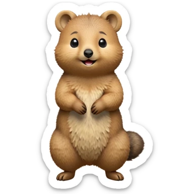 cinematic-quokka-realistic-full-body-standing-emoji,-small-round-frame-balanced-on-tiny-strong-hind-legs,-fluffy-brown-fur-radiating-a-warm-softness,-big-round-eyes-filled-with-joy-and-innocence,-tiny-clawed-paws-held-close-to-chest,-cheerful-smile-exuding-endearing-happiness,-simplified-yet-realistic-focused-features,-highly-detailed,-glowing-with-a-sunny-warmth sticker