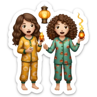 pajama forest duo — long wavy brown hair tattooed woman and short tight curly brown hair woman — mushroom pajamas yawning with lantern sticker