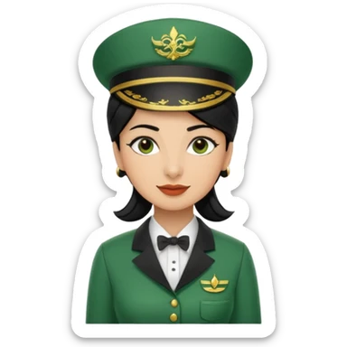Lady hotel butler with green uniform black hair and just a lite bit brown skin and Arabic face with our hat please sticker