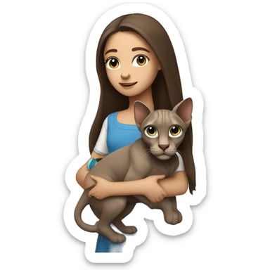 A girl with blue eyes and long brown hair holds a gray sphinx in her arms sticker