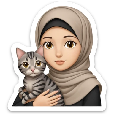Hijab girl holding a black grey tabby cat sticker