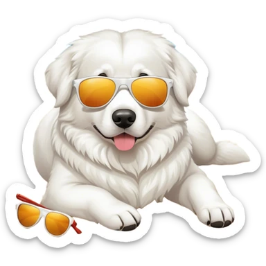 Great white ￼ Pyrenees dog lounging on the beach wearing sunglasses sticker