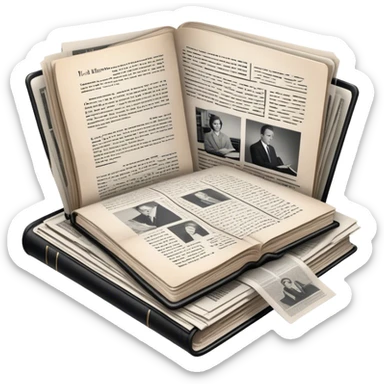 Icon for Non-Fiction & Narrative Reading: an open book with black-and-white photos on the pages, surrounded by a pile of newspaper clippings, and an open folder with top-secret documents. The icon should reflect the blend of real stories and facts in non-fiction literature. Transparent background. sticker