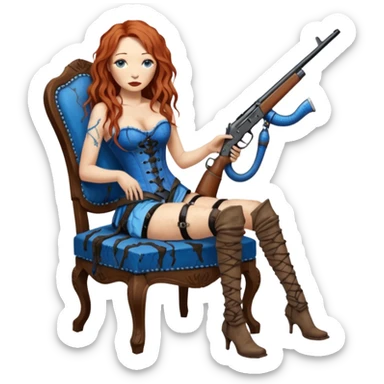 realistic cinematic Tori Amos sits on a rocking chair in a torn corset, holding an antique rifle and her bare feet are muddy. A blue snake is wrapped around the chair. sticker