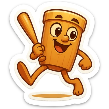 square image of absurd wooden stick-man creature, drum-like cylindrical body, holding baseball bat, cartoon style, bright vivid colors, dynamic pose,  sticker