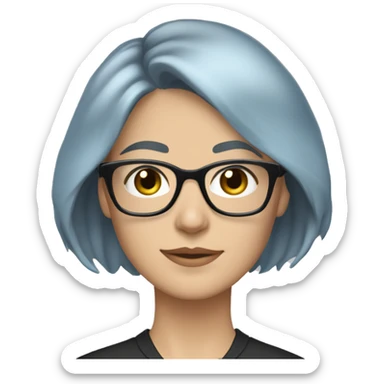 Caucasian woman with chin length layered blue hair and grey eyes wearing light grey square-shaped glasses and a black collared shirt sticker