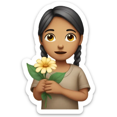 A girl holding a flower in her hand with a sad face  sticker