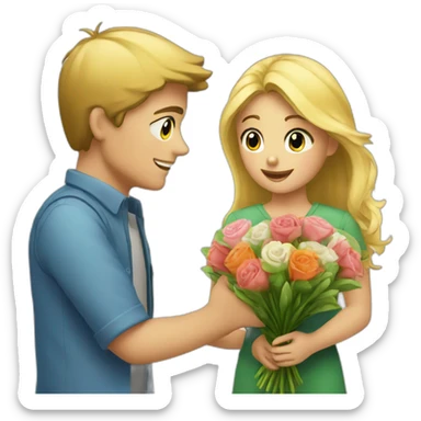 A boy who offers a bouquet of flowers to a pretty blonde sticker