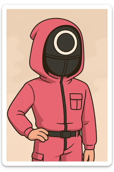 Squid Game guard with circle mask, playful cartoon style sticker