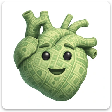 Make the heart look even richer and more voluminous, shaped like a realistic anatomical heart, made of money, memoji style, playful and expressive, 3D look, soft shading, no text sticker