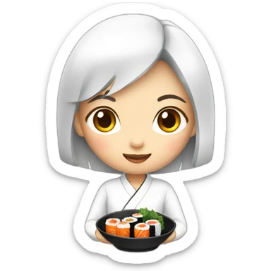 An Asian girl wearing a white top eating sushi sticker