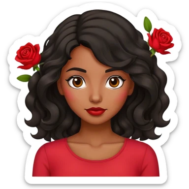 Olive brown eyed women with black wavy hair rose background red top sticker