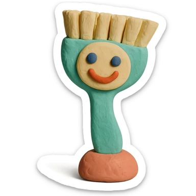 playful cleaning brush with a smiling face in claymation style, pastel colors sticker
