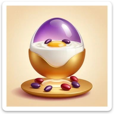 Floating orb of warm light containing mini bright icons: red meat, golden egg, purple beans, translucent tofu block and yogurt glass, slowly rotating around a radiant body figure that radiates strength and balance sticker