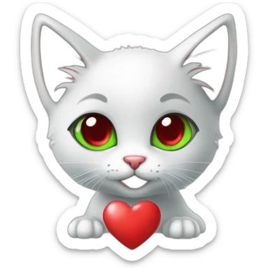 Super cute kitten with green anime eyes holding red hearts sticker
