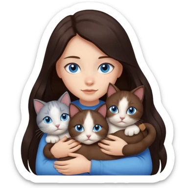 a girl with long dark 
brown hair, with blue eyes, hugs 3 different natural coloured cats sticker