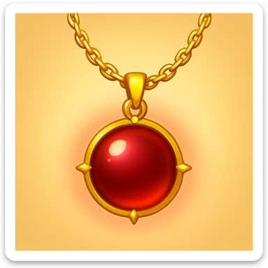 Make the garnet round and glowing wine-red, cradled by a delicate golden chain, ethereal and moving, in emoji style sticker