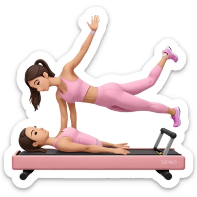 white brunette girl in light pink workout clothes doing a plank on a reformer sticker
