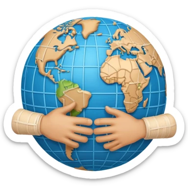 Generate an emoji of two hands shaking in front of a globe. Have a bandage wrap around the globe in the background. sticker