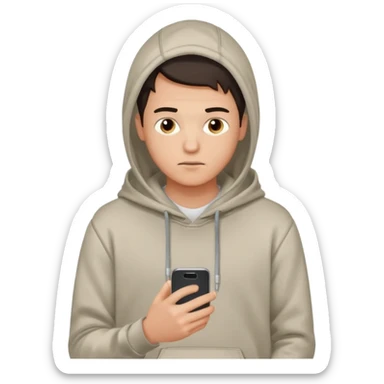 male memoji, young man in casual hoodie, holding smartphone, texting, distracted expression, casual everyday loo sticker