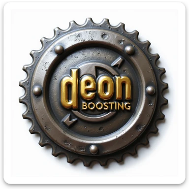 realistic photorealistic emoji of a metallic badge with the text 'deon boosting', featuring a nitro badge in the center, metallic shine, detailed textures sticker