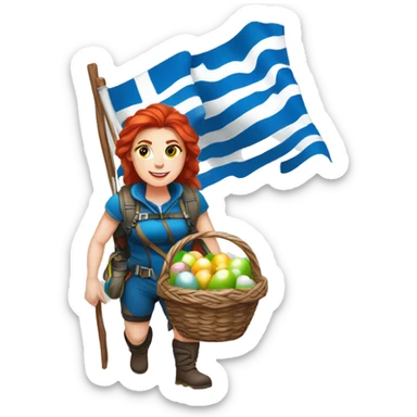 Greek Female winter mountaineer red hair white skin climbing with Greek Flag and Easter eggs basket sticker