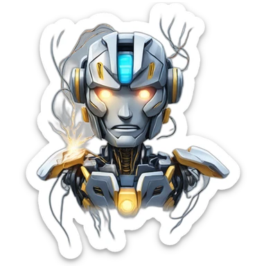 friendly transformers robot style AI with brain exposed circuit wires lightning explosion overwhelmed anime style sticker