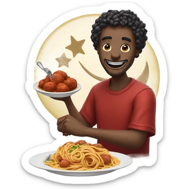 M create a crescent, moon, eating spaghetti while smiling with red sauce and meatballs with a spoon and a fork and hand and a napkin around his neck sticker