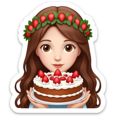 A beautiful girl with long brown hair and a wreath holding a strawberry cake sticker