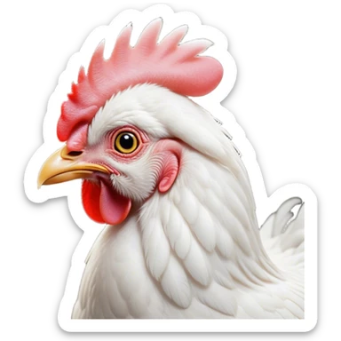 Cinematic Noble White Chicken Portrait Emoji, Poised and regal, with a compact, sturdy build and a pristine, well-groomed pure white plumage, deep-set soulful beady eyes, Simplified yet sharp and sophisticated features, highly detailed, glowing with a soft, dignified glow, high shine, intelligent and alert, stylized with an air of barnyard elegance, focused and attentive, soft glowing outline, capturing the essence of a watchful and confident fowl, so majestic it feels as though it could strut out of the screen with effortless authority! sticker