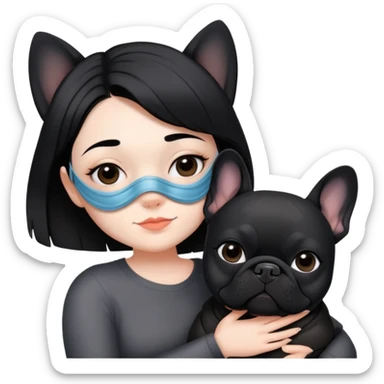 girl with short black straight hair wearing a mask and hugging a black French bulldog sticker