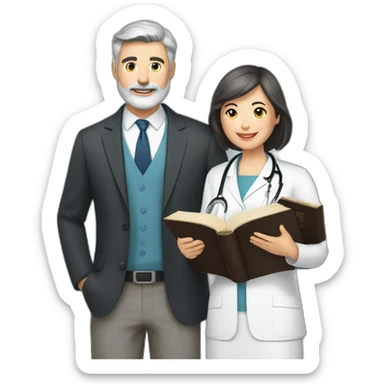 husband classy caucasian partly gray hair trimmed beard wearing business suit holding bible, with wife asian age 55 dark hair nurse uniform, no children sticker