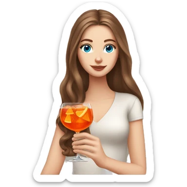 white girl with long brown hair and with blue eyes drinking an Aperol Spritz  sticker