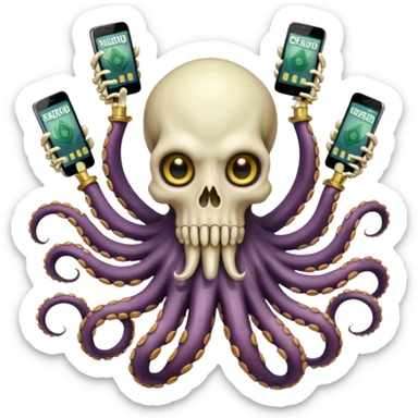 satanic octopus skeleton. Evil looking eyes, wearing a gold necklace. 2 tentacles are holding their own cellphones with one held up to its ear, 2 other tentacles are holding stacks of money sticker
