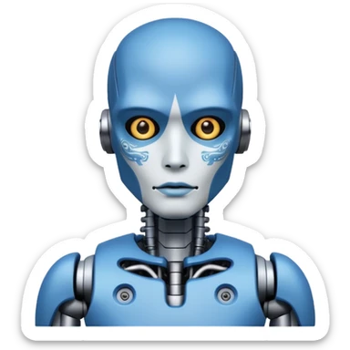 blue Tatooed robot, big many tatooes on chest, neck and face, white tatoo on face sticker