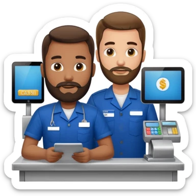 Supermarket employee at a cash register, full body, serving a man sticker