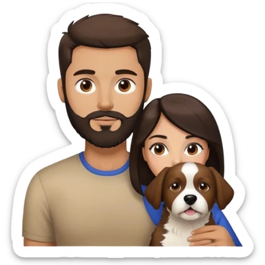 Brunette woman and brunette man with beard with a mixed race brown and black and white dog  sticker