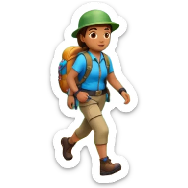 A 3D cartoon hiker walking on a forest trail with flowers and mountains in the distance, bright daylight, Memoji-style. sticker