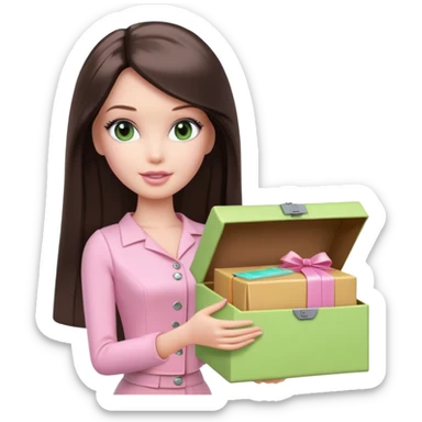 A white Barbie girl with long dark brown straight hair in pale pink clothes holds pale green box sticker