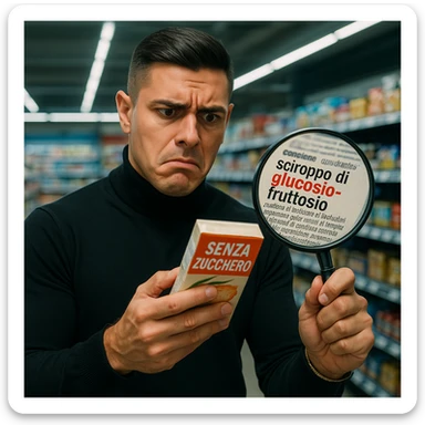 A man resembling the reference image in a supermarket, holding a product labeled 'SENZA ZUCCHERO'. The ingredient list on the product reveals 'sciroppo di glucosio-fruttosio' in bold red letters. His face shows confusion. A magnifying glass floats nearby, enlarging the deceptive small print. Hyper-realistic style, harsh fluorescent lighting. Variant 1. sticker