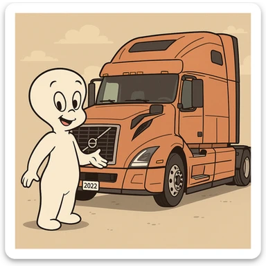 Casper the friendly ghost standing next to a 2022 Volvo sleeper semi truck, cartoon style sticker