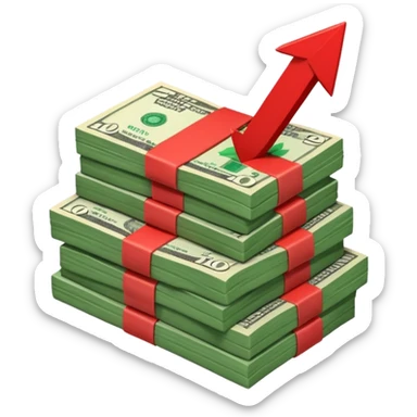 stack of banknotes with a red arrow pointing down sticker