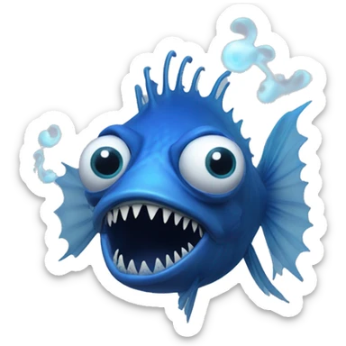 A blue angler fish with no lure with two eyes on the left side and having blue smoke surrounding it  sticker