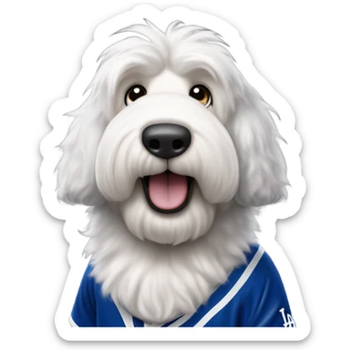 Old English Sheepdog full height wearing a Los Angeles dodgers baseball jersey sticker