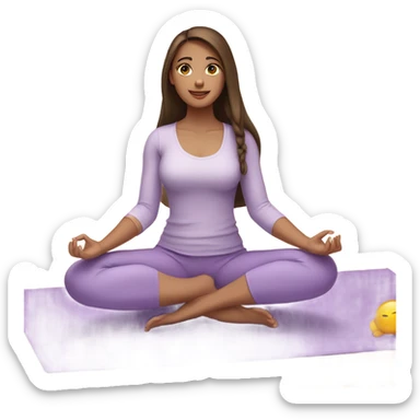 Brunette long hair and brown eyes yoga beautiful girl in light purple clothes sitting on a yoga mat sticker