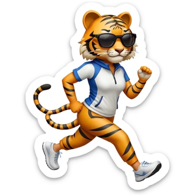 female energetic anthropomorphised tiger in sports clothes, wearing dark sunglasses, walking upright, dynamic pose sticker