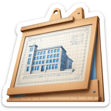 Sleek icon for Architecture: engineer's drawing board with building blueprints, 3D model of the building out of board, ruler and protractor. Transparent background. sticker