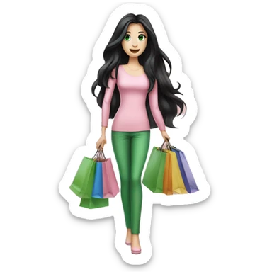 pretty white woman with very long black hair and green eyes and light pink outfit holding a ton of shopping bags sticker